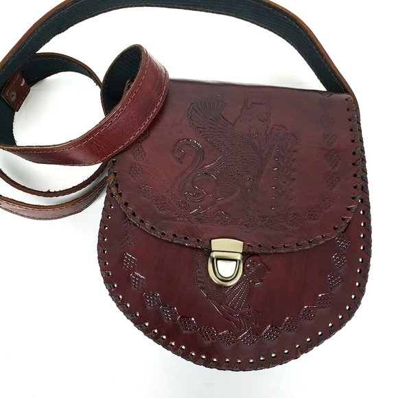Vintage Handbags - Tooled leather saddle crossbody bag